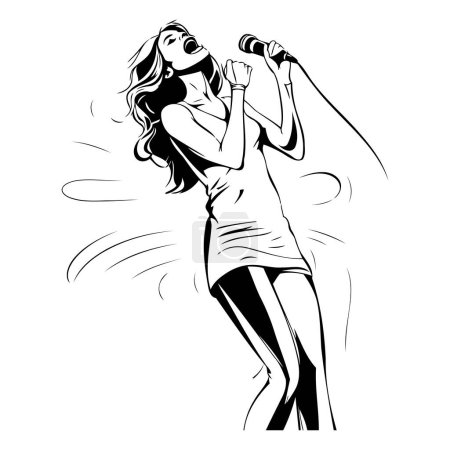Singer girl with a microphone. Vector illustration. Black and white.