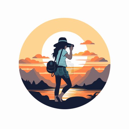 Photographer with a camera on the background of the sunset. Vector illustration
