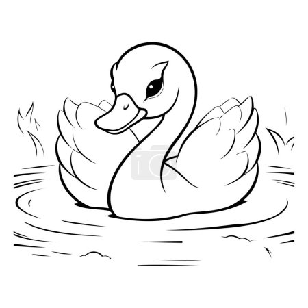 Téléchargez les illustrations : Dessin animé noir et blanc Illustration d'un cygne nageant sur l'eau - en licence libre de droit