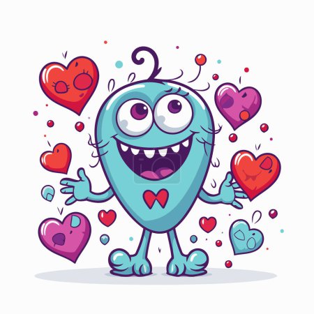 Illustration for Funny cartoon monster with hearts on white background. Vector illustration. - Royalty Free Image
