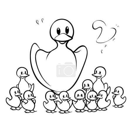 Illustration for Duckling with ducklings. Black and white vector illustration. - Royalty Free Image