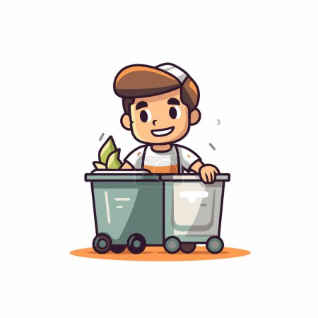 Illustration for Cartoon boy throwing garbage into recycle bin. Flat vector illustration. - Royalty Free Image