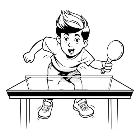 Ilustración de Niño jugando tenis de mesa dibujos animados vector blanco y negro ilustración diseño gráfico. - Imagen libre de derechos