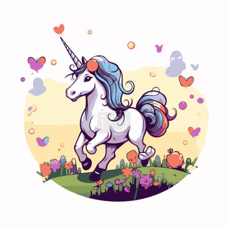 Illustration for Unicorn on the meadow. Cute cartoon style vector illustration. - Royalty Free Image