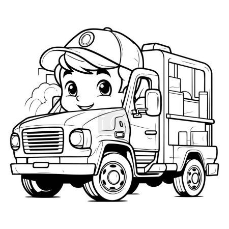 Illustration for Black and White Cartoon Illustration of Cute Delivery Driver Character with Truck for Coloring Book - Royalty Free Image