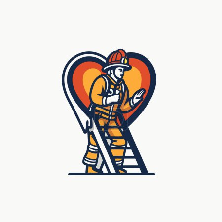 Fireman in the shape of a heart with a shovel. Vector illustration.