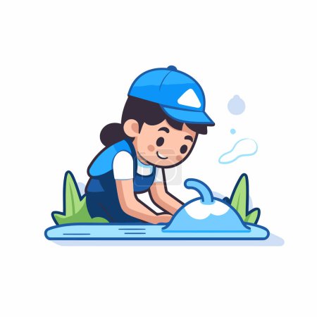 Cute Little Girl Wearing Uniform and Helmet Playing with Water in Park Vector Illustration
