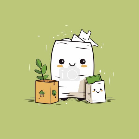 Illustration for Cute paper bag with plant and paper box. Vector illustration. - Royalty Free Image