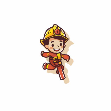 Téléchargez les illustrations : Mignon petit pompier personnage de dessin animé vecteur Illustration sur un fond blanc - en licence libre de droit