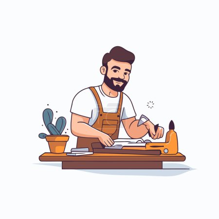 Ilustración de Hombre trabajando en el taller de carpintería. Ilustración vectorial en estilo de dibujos animados. - Imagen libre de derechos