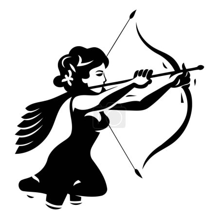 Illustration for Cupid with bow and arrow. black and white vector illustration. - Royalty Free Image