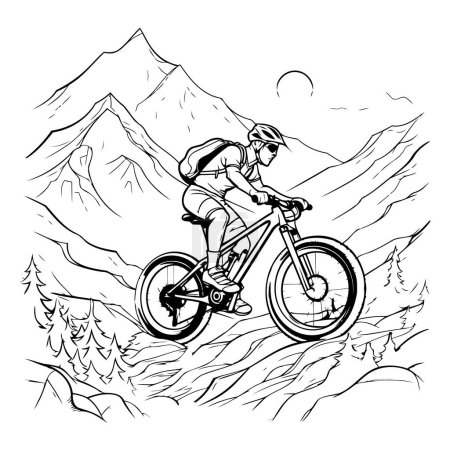 Téléchargez les illustrations : VTT dans les montagnes. illustration vectorielle noir et blanc - en licence libre de droit