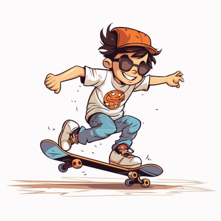 Illustration for Cartoon skateboarder in helmet and sunglasses. Vector illustration. - Royalty Free Image