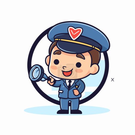 Illustration for Policeman and magnifying glass. Cute cartoon character vector illustration. - Royalty Free Image
