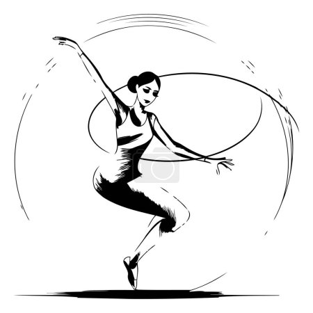 Téléchargez les illustrations : Illustration vectorielle d'une jeune femme gymnaste avec cerceau. Noir et blanc. - en licence libre de droit