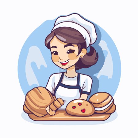 Linda chica de dibujos animados chef sosteniendo pan y croissant. Ilustración vectorial.