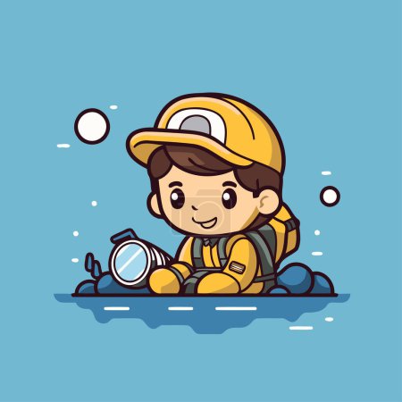 Illustration for Cute boy wearing a helmet and holding a compass. Vector illustration. - Royalty Free Image