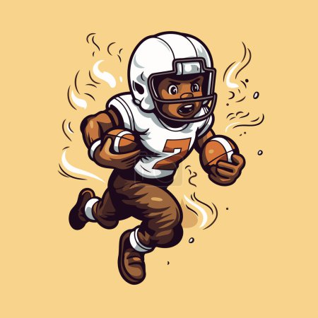 Téléchargez les illustrations : Joueur de football américain courir avec le ballon et le casque. Illustration vectorielle dans le style dessin animé. - en licence libre de droit