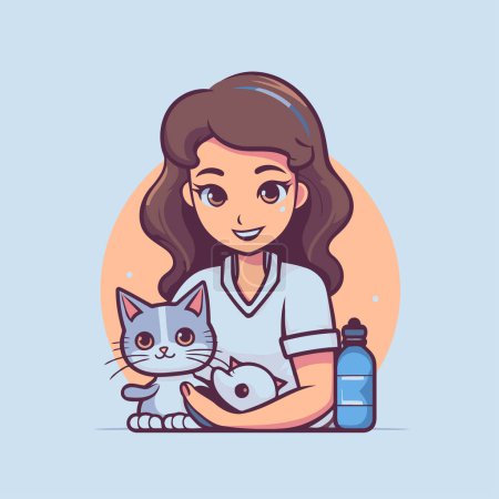Téléchargez les illustrations : Illustration vectorielle d'une fille avec un chat et une bouteille d'eau. - en licence libre de droit