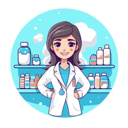 Téléchargez les illustrations : Illustration vectorielle de bande dessinée d'une pharmacienne debout devant des étagères avec des médicaments. - en licence libre de droit