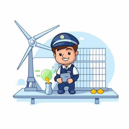 Ilustración de Trabajador respetuoso del medio ambiente con turbina eólica y panel solar vector ilustración diseño gráfico - Imagen libre de derechos