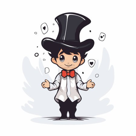 Illustration for Cartoon magician in black hat and bow tie. Vector illustration. - Royalty Free Image