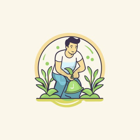 Téléchargez les illustrations : Logo de jardinage. Illustration vectorielle d'un homme arrosant les plantes. - en licence libre de droit