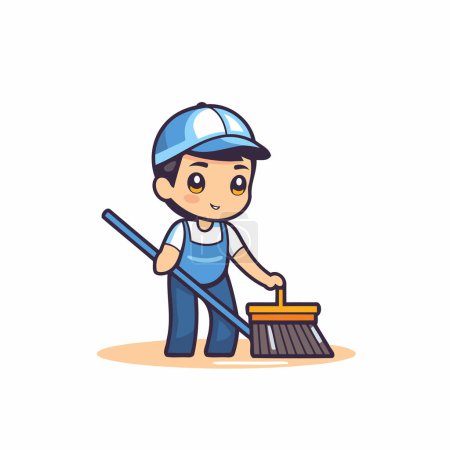 Téléchargez les illustrations : Service de nettoyage Homme Nettoyage du sol avec Broom Vector Illustration - en licence libre de droit