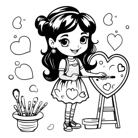 Ilustración de Linda niña pintando corazones. Ilustración vectorial en blanco y negro. - Imagen libre de derechos