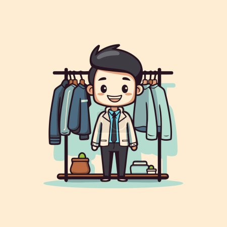 Téléchargez les illustrations : Homme d'affaires avec des vêtements suspendus sur support - Illustration vectorielle - en licence libre de droit