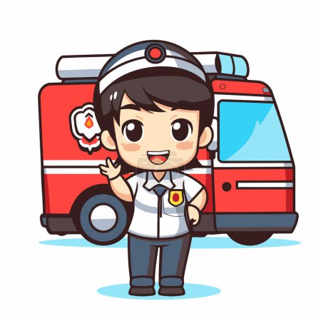 Téléchargez les illustrations : Joli garçon en uniforme avec camion de pompiers. Illustration vectorielle de bande dessinée. - en licence libre de droit