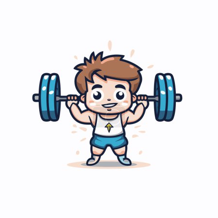 Illustration for Fitness boy lifting barbell cartoon vector illustration. Sporty boy with barbell. - Royalty Free Image