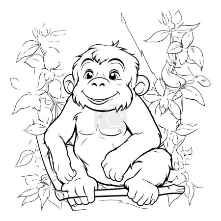 Illustration for Monkey sitting on a tree branch. Coloring book for adults - Royalty Free Image