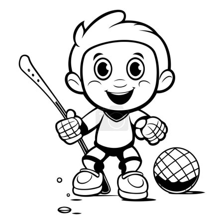 Ilustración de Lindo niño jugando hockey - Ilustración de dibujos animados en blanco y negro. Vector - Imagen libre de derechos