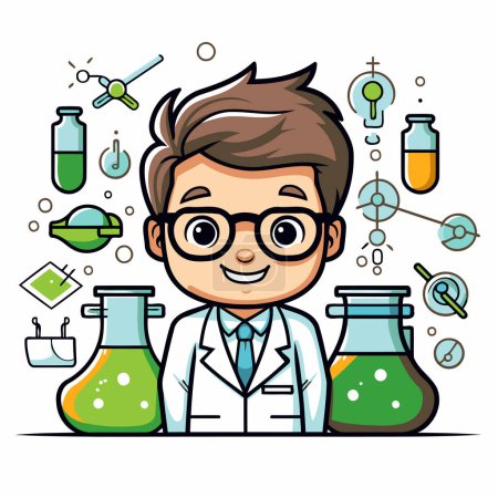 Illustration for Scientist boy in glasses with chemical test tubes. Vector illustration. - Royalty Free Image