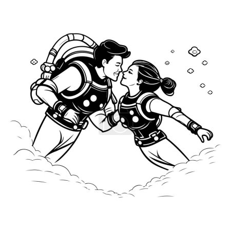 couple of scuba divers kissing in water. black and white vector illustration
