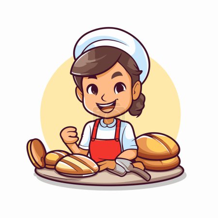 Téléchargez les illustrations : Cartoon fille boulangère avec pain et petits pains. Illustration vectorielle. - en licence libre de droit