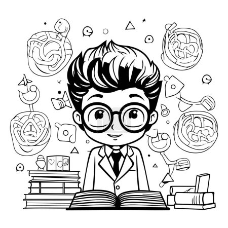 Téléchargez les illustrations : Illustration en noir et blanc d'un garçon dans des lunettes lisant un livre. - en licence libre de droit