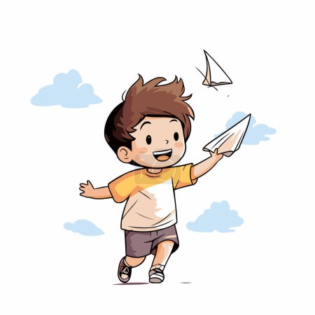 Illustration for Cute little boy playing with paper plane. Hand drawn vector illustration. - Royalty Free Image