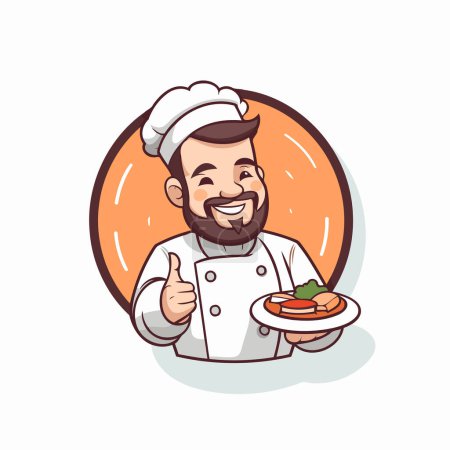 Illustration for Chef holding steak and showing thumbs up. Vector illustration in cartoon style - Royalty Free Image