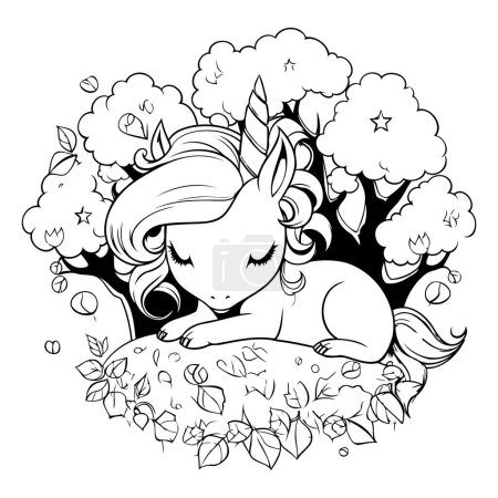 Ilustración de Ilustración en blanco y negro de un lindo unicornio durmiendo en una colina. - Imagen libre de derechos