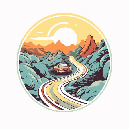Téléchargez les illustrations : Illustration de style rétro d'une route de montagne avec une voiture vue du côté situé à l'intérieur du cercle sur fond isolé. - en licence libre de droit