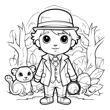 Téléchargez les illustrations : Coloriage Aperçu d'un mignon petit garçon avec un ours en peluche - en licence libre de droit