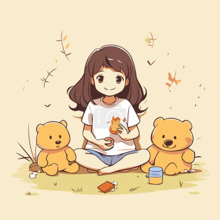 Téléchargez les illustrations : Jolie petite fille jouant avec des ours en peluche. Illustration vectorielle. - en licence libre de droit