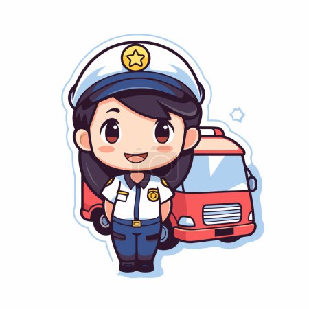 Illustration for Cute cartoon police girl with police car on white background. Vector illustration. - Royalty Free Image