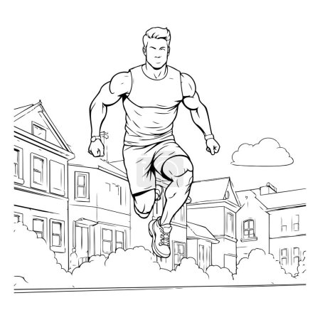 Illustration for Man running on city street. black and white vector illustration. sketch - Royalty Free Image