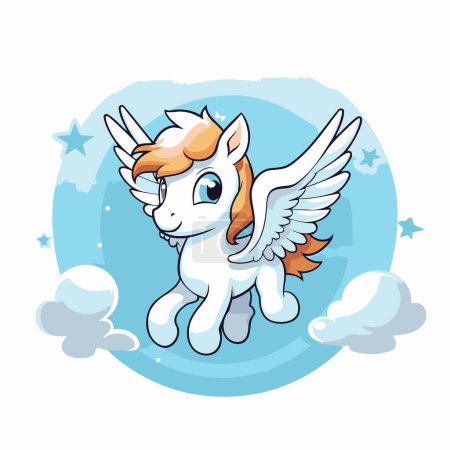 Ilustración de Lindo unicornio de dibujos animados volando en el cielo. Clip de vectores. - Imagen libre de derechos