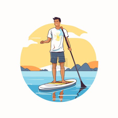 Illustration for Young man on stand up paddle board. Vector illustration in flat style - Royalty Free Image