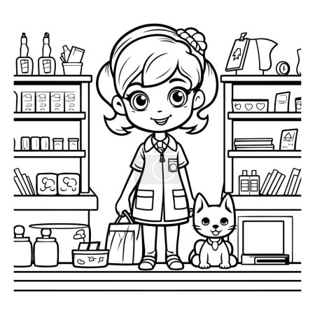 Illustration for Girl with cat in pet shop. Black and white vector illustration. - Royalty Free Image