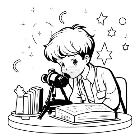 Illustration for Boy with telescope and books. Black and white vector illustration for coloring book. - Royalty Free Image